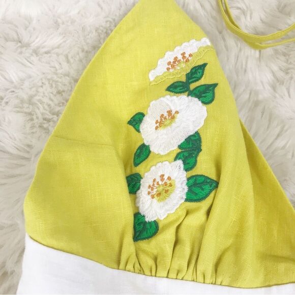 FANM MON Yamile 100% Linen Halter‎ Midi Dress Floral Embroidered Yellow XL New - Picture 5 of 14